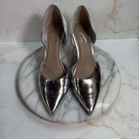 Seychelles Silver High Heels 7.5 Pointed Toe D'Orsay Leather‎ Pumps 3.5" Formal - Picture 2 of 13